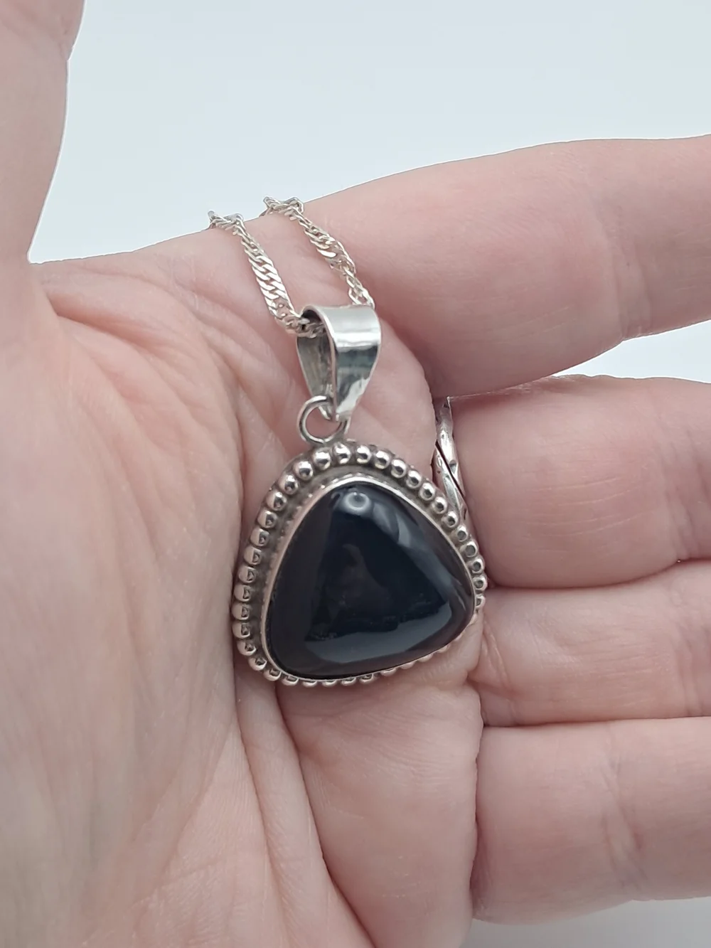 Vintage Navajo Sterling Silver & Black Onyx Triangle Pendant Necklace with Chain